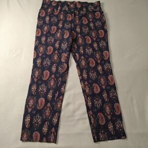 Jules & Leopold Navy Paisley Trousers Womens Sz L (10) Slim Stretch Ankle.